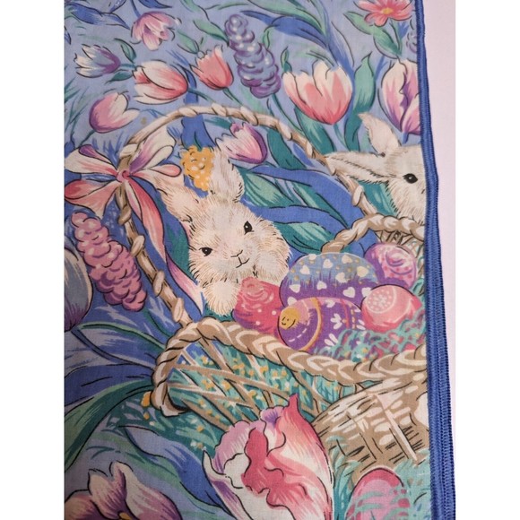 Vintage Easter Bunny Spring Tulips Tablecloth 60x82 Rabbits Blue Eggs Flowers - Picture 2 of 6